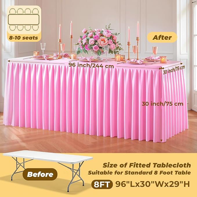 Pink Polyester Table Cloths for Rectangle 8 Foot Tables, 1 Pack Wrinkle Free Tablecloths Stretchy Banquet Ruffle Fitted Table Cover Desk Skirt for Parties Wedding Birthday Baby Shower