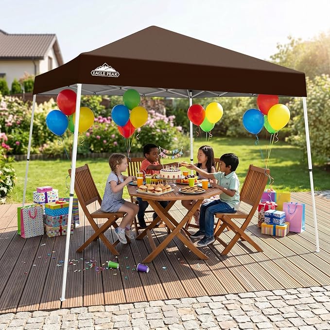 EAGLE PEAK 10x10 Slant Leg Pop-up Canopy Tent Easy One Person Setup Instant Outdoor Beach Canopy Folding Portable Sports Shelter 10x10 Base 8x8 Top (Brown)