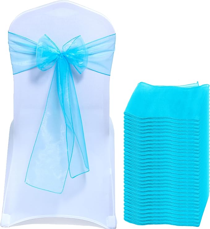 MDS® Pack of 125 Organza Chair Sashes for Wedding Decoration, Reusable Sheer Chair Bows for Banquet Chair Cover, Reception, Bridal Shower, Baby Shower, Birthday Party & Special Events - Turquoise