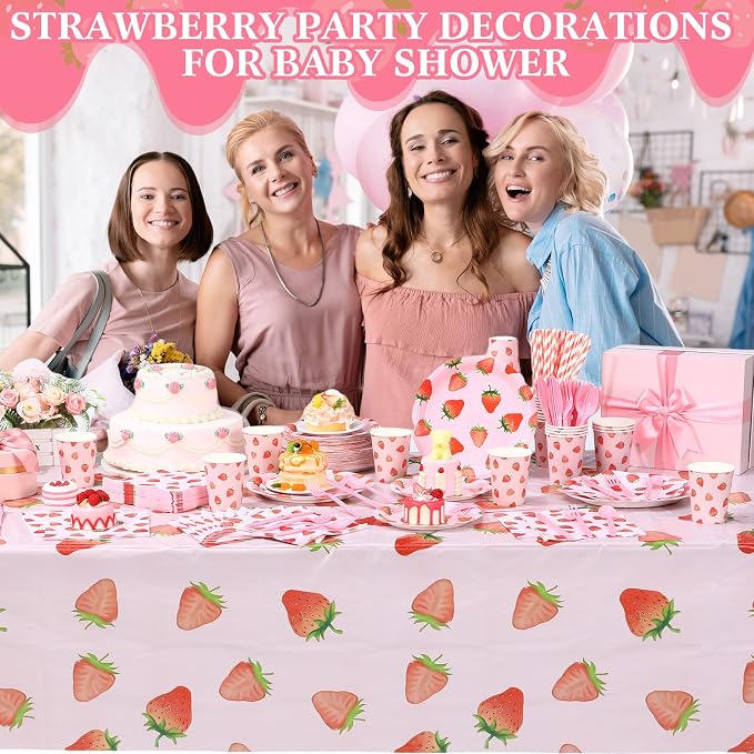 Funnymoom 452 Pcs Strawberry Party Supplies for 50 Guests, Strawberry Paper Plates Napkins Cups Tablecloth Cutlery Straws for Berry First Birthday Baby Shower Party Decorations