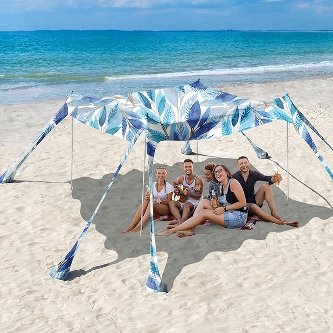 Rhino Valley Beach Tent,10x10 FT Beach Shade UPF50+ Protection,Beach Canopy with 8 Sandbags 4 Stability Poles,Outdoor Beach Tent Sun Shelter Umbrella for Sand,Camping,Fishing Essential,White Blue Leaf