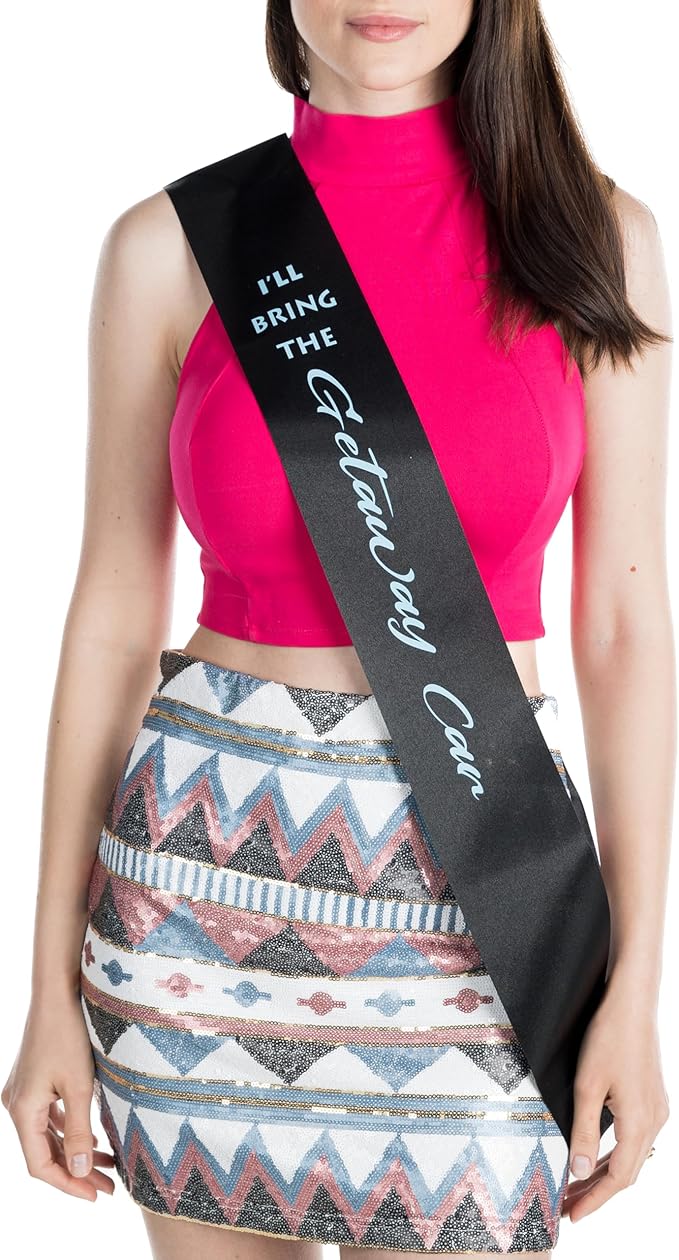 Funky Junque Bridal Sash Bachelorette Party Bridal Shower Gift - I'll Bring The - Getaway Car (Black/Light Blue)