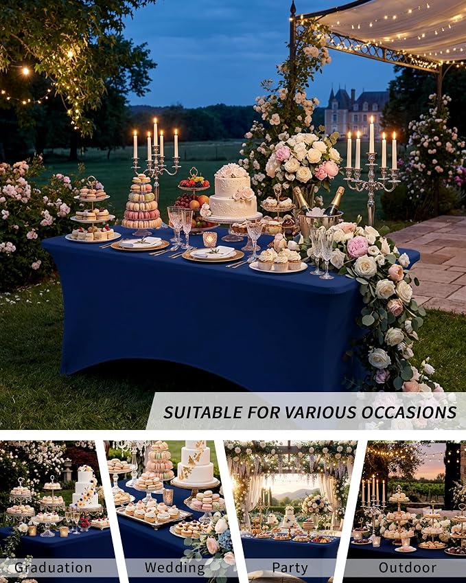 Fixwal 3 Pack Navy Blue Tablecloth Rectangle 8Ft, Stretch Spandex Fitted Table Cover for Party, Trade Show, Wedding, Buffet, Graduation, Vendor Stand