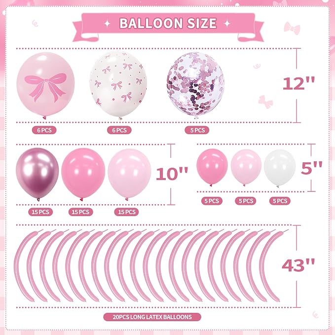 154 pcs Coquette Birthday Decorations,Pink Bow Decorations for Women,Happy Birthday Banner For Girl,Pink and White Balloon Arch Kit with Tablecloth Backdrop Cake Topper
