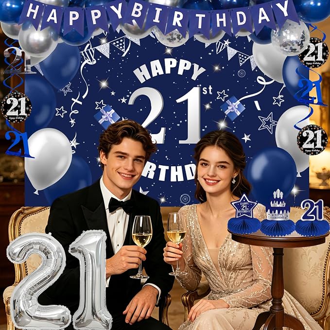 Happy 21st Birthday Decorations for Him Her, Dark Blue Silver 21 Birthday Party Supplies with Backdrop Banner 32 In Foil Number 21 Balloons Honeycomb Centerpieces for 21 Years Old Birthday Decor