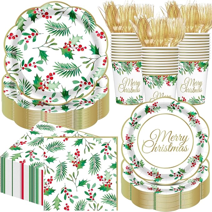 Pickmesh 400 Pcs Christmas Party Supplies Include Seasonal Holly Leaf Disposable Paper Plates Napkins Cups Cutlery Xmas Tableware for Merry Christmas Holiday Party Decorations Serve 50