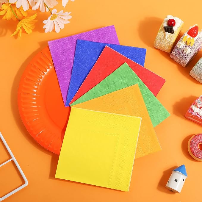Geosar 240 Pieces Rainbow Party Tableware 60 Set Colorful Paper Plates and Napkins 9oz Paper Cups Complete Pack Disposable Dinnerware Set for Rainbow Birthday Party Decorations Supplies(Bright Color)