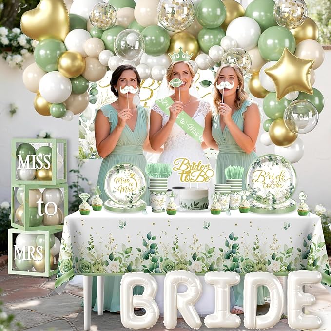 cocomigo 320 PCS Sage Green Bridal Shower Decorations, Hassle-Free One-Stop Set for 25 Guests, With Bride to Be Balloon, Backdrop, Plates and Napkins, Easy Setup for Female Bridal Shower