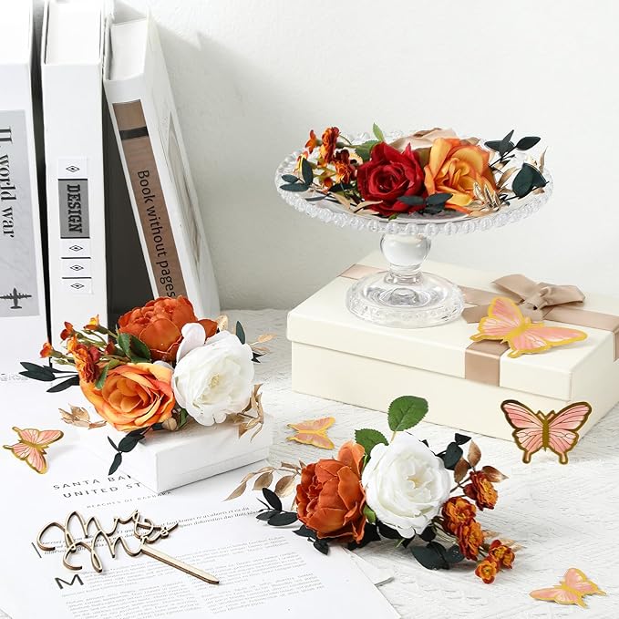 Leinuosen 14 Pcs Wedding Cake Flowers Set Include 3 Burnt Orange Flowers for Cake Decorating 1 Wood Mr & Mrs Toppers 10 Butterfly Decoration Cakes Topper for Wedding Anniversary Birthday Party Decor