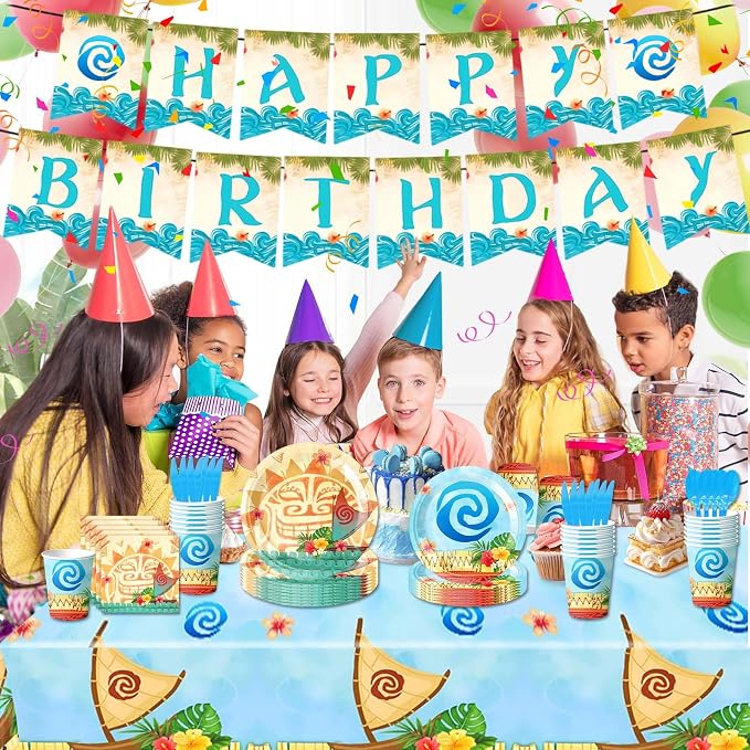 170PCS Tropical Birthday Party Decorations Set - Hawaiian Luau Tableware Set with Plates, Cups, Napkins, Cutlery, Tablecloth & Banner for Ocean Princess Party Supplies, Serves 24 Guests