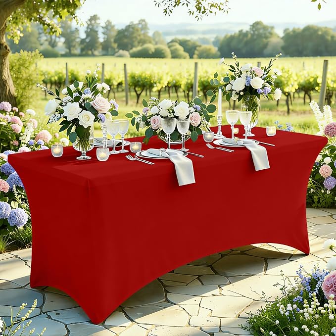 Moosfor Spandex Elastic Fitted 6FT Rectangle Tablecloth 6 Pack, Stretch Washable Reusable Table Cover for Outdoor Picnic, Dining, Wedding, Banquet & Party Events (Red, 72Lx30Wx30H Inch)