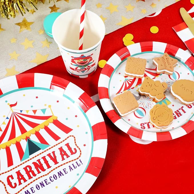 Recheel Carnival Party Supplies Decorations, Circus Theme Birthday Paper Plates and Napkins Set with Cups and Straws for 24 Guests, 120 Pcs Disposable Party Dessert Dinnerwares
