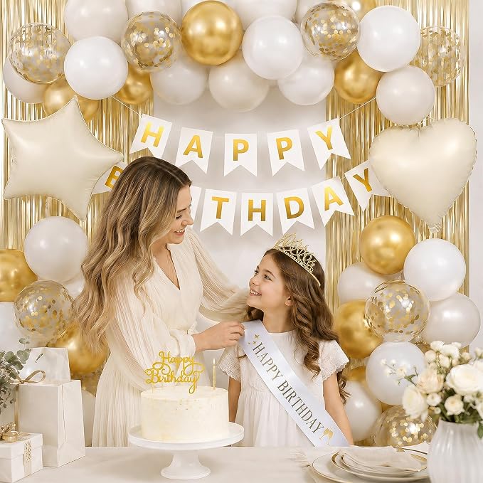 White and Gold Birthday Decorations for Women Girls,Sand White Gold Latex Balloons with Happy Birthday Banner,Fringe Curtain,Cake Topper,Sash and Crown for Birthday Party Supplies