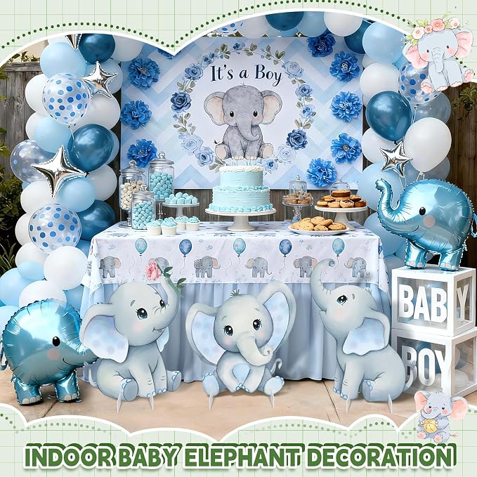 3Pcs Elephant Baby Shower Decorations, Large Baby Elephant Cardboard Cutouts Standup, Blue Cartoon Birthday Party Signs for Photo Booth Props Backdrops Decor Displays Party Supplies