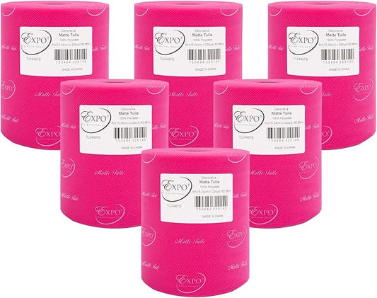 Expo International Decorative Matte Tulle, Roll/Spool of 6” X 200 Yards, Lightweight Polyester Tulle Fabric for Tutus, Costumes, and Party Decorations, Washable, Easy-to-Use, Pack of 6, Fuchsia