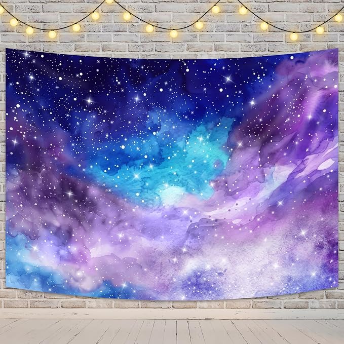 Starry Sky Backdrop Watercolor Romantic Outer Space Galaxy Universe Planet Night Star Deep Purple Blue Photography Background Decoration for Kids Birthday Fabric Photo Shoot Studio Props