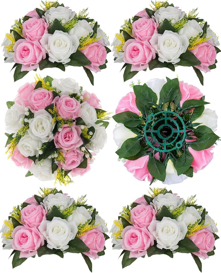 BLOSMON Flower Balls Centerpieces for Table: 6 Pcs Pink White Faux Roses | 9.5 Inch Fake Kissing Floral Ball Arrangements for Wedding - Artificial Flower Bouquet with Base Home Party DIY Decor