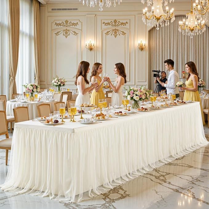 2-in-1 Ivory Tablecloths for 8 Foot Rectangle Tables with Tulle Table Skirt Wedding Table Cover Stretchy Fitted Ruffle Tutu Tablecloth for Baby Shower Reception Birthday Parties Celebration Banquet