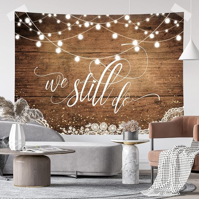 We Still Do Backdrop Rustic Wooden Floor Lights Lace Wedding Anniversary Party Decorations Photography Background Engagement Vow Renewal Bachelorette Supplies Banner Photo Booth Props 7x5ft