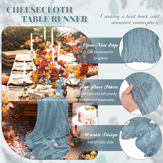 24 Pack Dusty Blue Table Runner, Cheesecloth Table Runner Long Romantic Semi Sheer Rustic Boho Gauze Table Runners for Wedding Bridal Shower Birthday Party Decorations(17.7×108 Inch)