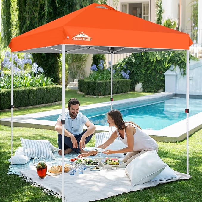 EAGLE PEAK Pop Up Canopy Tent with Wheeled Carry Bag, 8 Stakes, 4 Ropes, Easy Set Up Tent Canopy, 6.6x6.6 ft, Orange