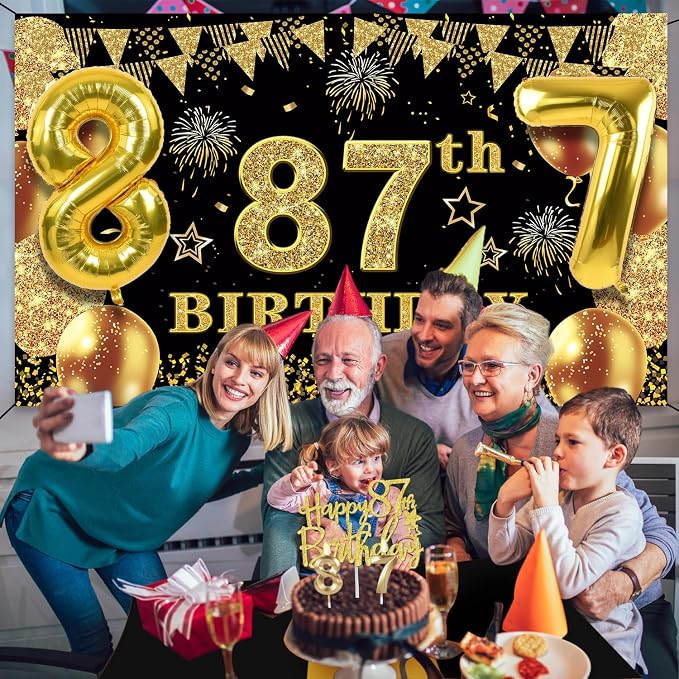87th Birthday Decorations Men Women with 87th Birthday Banner, Black and Gold Table Cloth, Number Balloons, Sash, Cake Topper and Candles