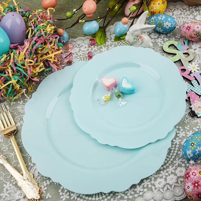 WDF 60pcs Mint Green Plastic Plates - Baroque Dinner Plates Including 30 Green Plates Disposable10.25inch, 30 Dessert Plates 7.5inch for Upscale Wedding/Party/Picnic/Spring