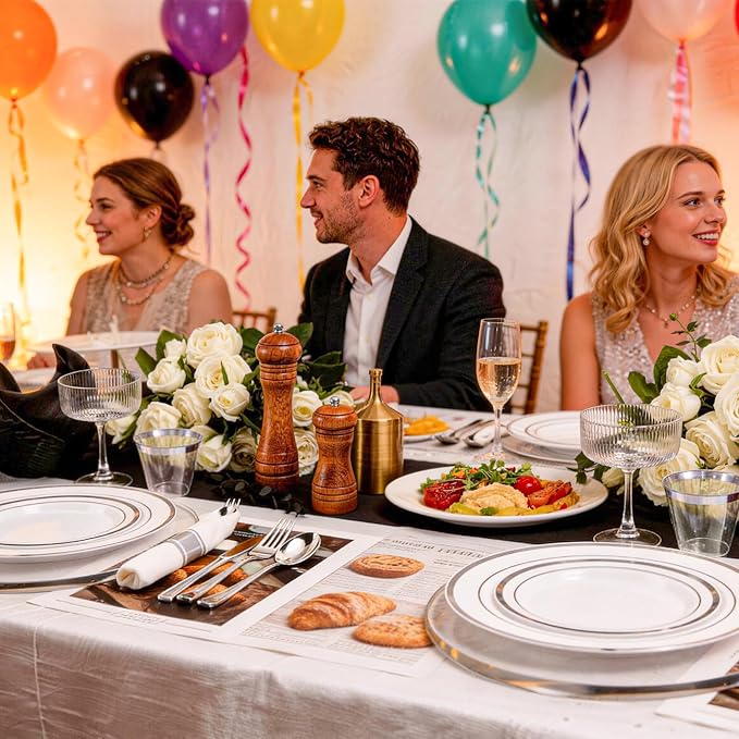 N9R 350PCS Silver Plastic Dinnerware Set for 50 Guests, Gold Disposable Plates for Party, Include:100 Plastic Plates, 50 Pre Rolled Napkins with Silverware and 50 Cups