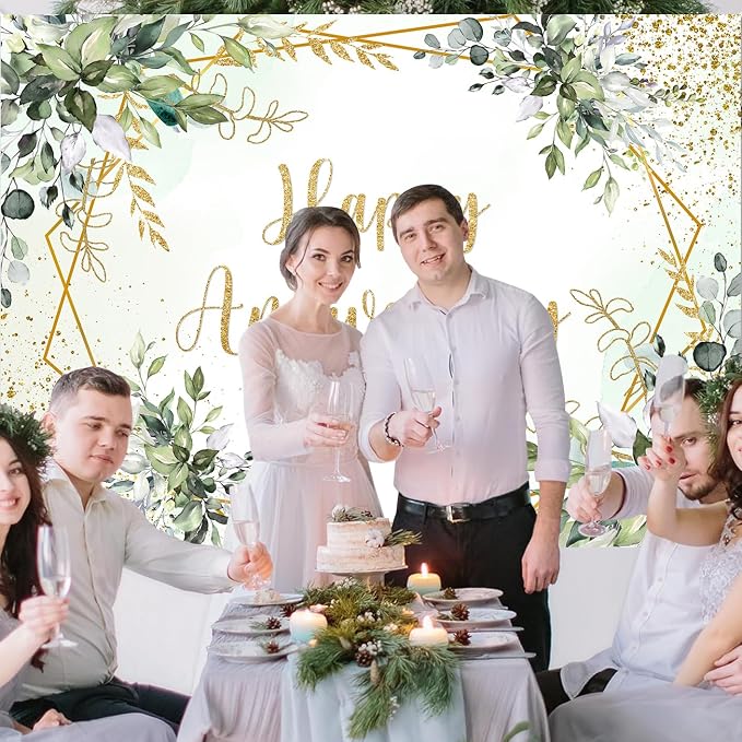 Withu Happy Anniversary Backdrop Sign Decorations Banner Sage Green Gold Photography Background Leaves Marriage Memorial 10 Years 25th 30th 40th 50th 60th Wedding Day Backdrops 6x4ft