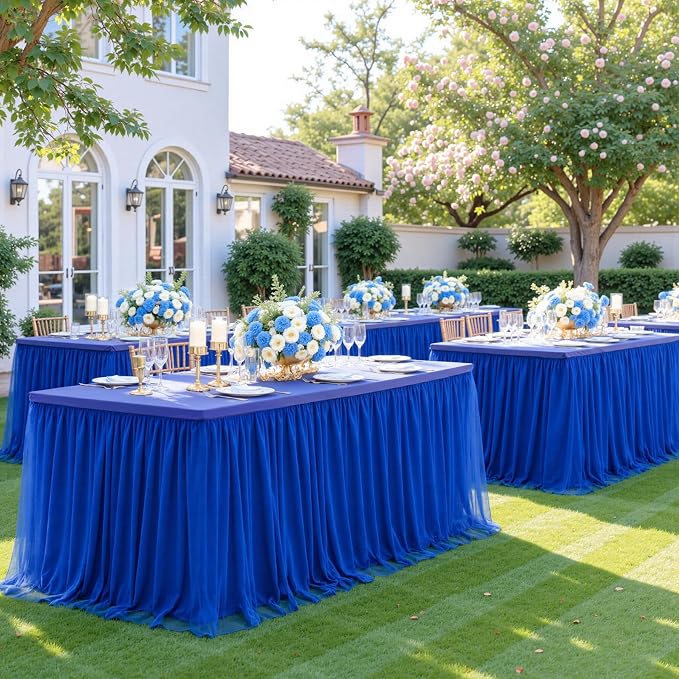 Suppromo 6 Pack 8ft Royal Blue Tulle Tablecloths for Rectangle Tables 8 Foot Rectangular Table Cloth Wrinkle Free Tablecover with Tutu Skirt for Baby Shower Wedding Birthday Party Banquet Buffet Cake