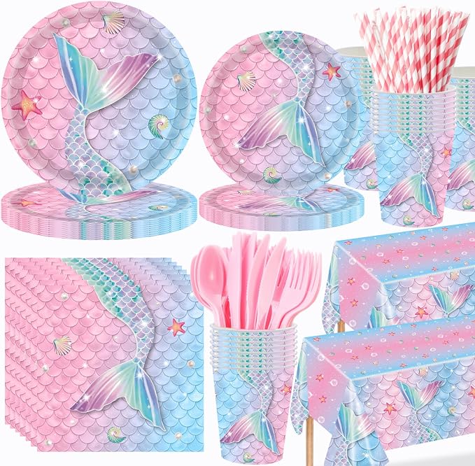 Funnymoom 452 Pcs Mermaid Party Decorations Include Sea Mermaid Paper Plates Napkins Cups Tablecloth Cutlery Straws Ocean Tableware for Baby Shower Birthday Party Supplies