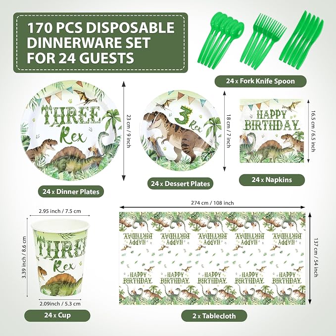 170Pcs Dinosaur 3rd Birthday Party Supplies Three Rex Dinosaur Plates Napkins Cups Forks Knives Spoons Tablecloths Watercolor 3 Rex Tableware Set for Boy Dino 3 Year Old Birthday Decorations Serves 24