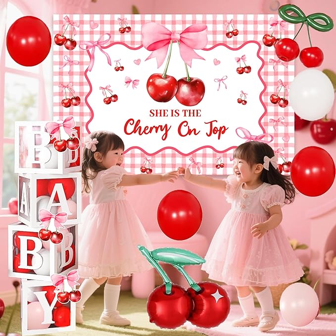 Cherry on Top Baby Shower Decorations for Girl - Red Pink Party Supplies Include Balloon Garland Arch, Backdrop, Tablecloth, 4 Boxes, Foil Balloons - She is the Cherry On Top Decor Gingham Check