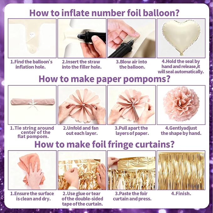 Purple Pink Birthday Decorations Balloons Pink Purple Happy Birthday Banner Cake Topper Fringe Curtain Paper Pom Poms Butterfly Sticker Metallic Hot Pink Heart Star Foil Princess Party Girls Women