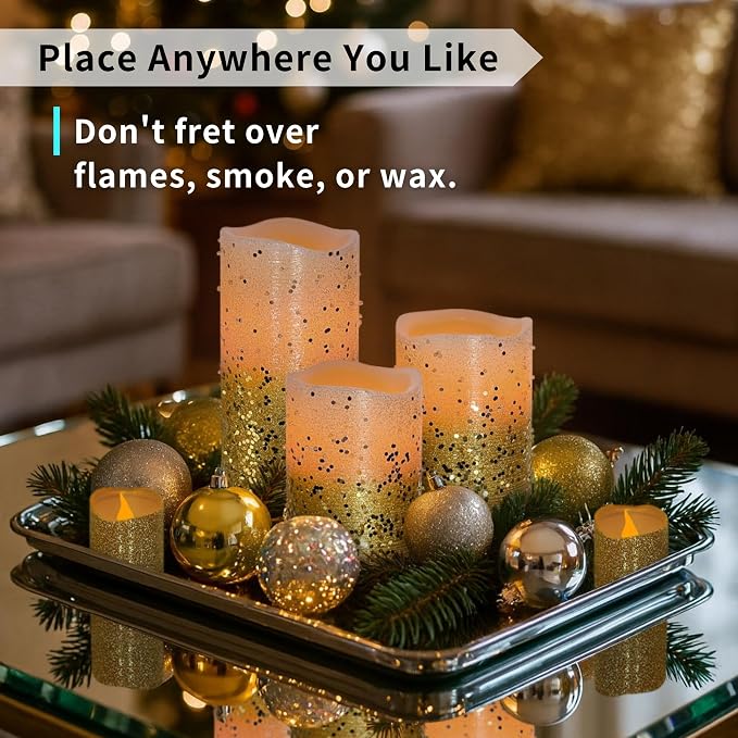 FURORA LIGHTING Gold Glitter LED Candles, 8-Pack Set with Remote & Timer | Includes 4 pillars and 4 votives. Delivers an opulent, dazzling golden glow for grand parties and centerpieces.
