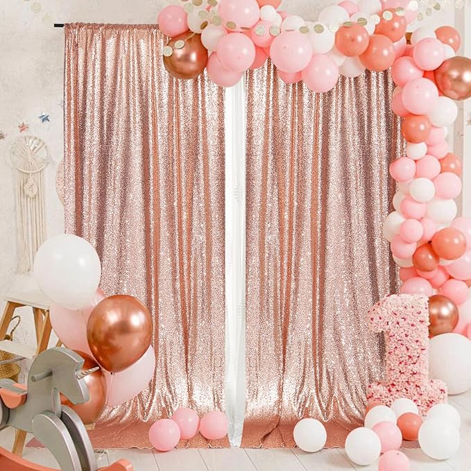 PartyDelight Rose Gold Sequin Backdrop Curtains 5x10ft 2 Panels | 3mm stitched sequin curtain with 4 inch rod pocket for 5x10ft wide reception wall head table stage backdrop and event display