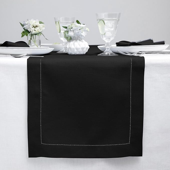 Solino Home Linen Black Table Runner 72 Inches Long - 100% Pure Linen Hemstitch Table Runner 14 x 72 Inch for Dresser, Dining, Spring, Summer, Mothers Day - Classic Hemstitch