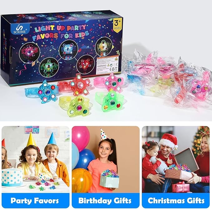 SCIONE 48 Pack LED Light Up Fidget Spinner Bracelets, Glow in The Dark Party Favors for Kids 4-8 8-12, Birthday Gift