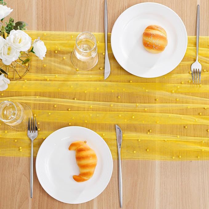 BINBE 4pcs Pearl Table Runner Spring Summer Rustic Boho 10ft Tulle Table Runner for Baby Shower Wedding Veil Holiday Dessert Table Decor Yellow