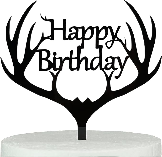 LOVENJOY Gift Boxed Antler Happy Birthday Cake Topper Black Frosted Acrylic, Hunting Birthday Cake Topper for Men Dad Hunter