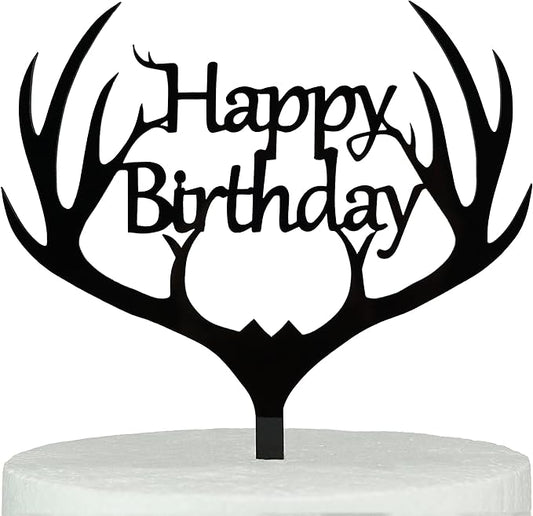 LOVENJOY Gift Boxed Antler Happy Birthday Cake Topper Black Frosted Acrylic, Hunting Birthday Cake Topper for Men Dad Hunter