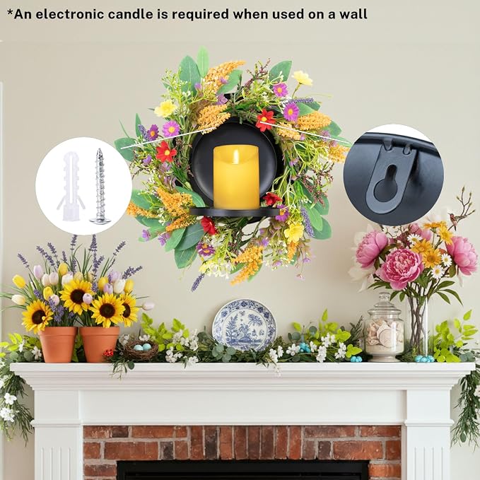 MOYEE Summer Centerpieces for Tables Candle Ring, Black Metal Candlestick with an Artificial Wreaths 14 in Versatile Dining Table Centerpiece Decor (Golden Wheat Ear Wreath)