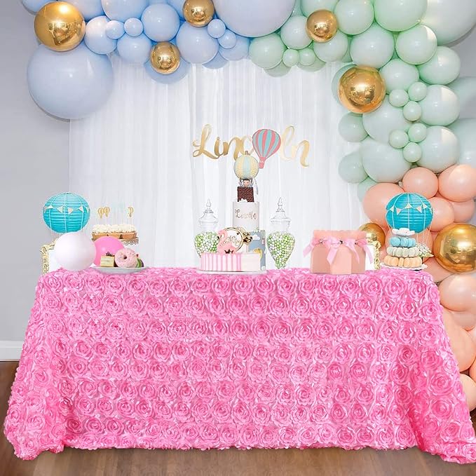 B-COOL 90x156 Inch Rosette Tablecloth Pink Rectangular Birthday Fabric Covers 3D Floral Satin Tablecloth Party Table Covers Boho Wedding Engagement Table Decoration