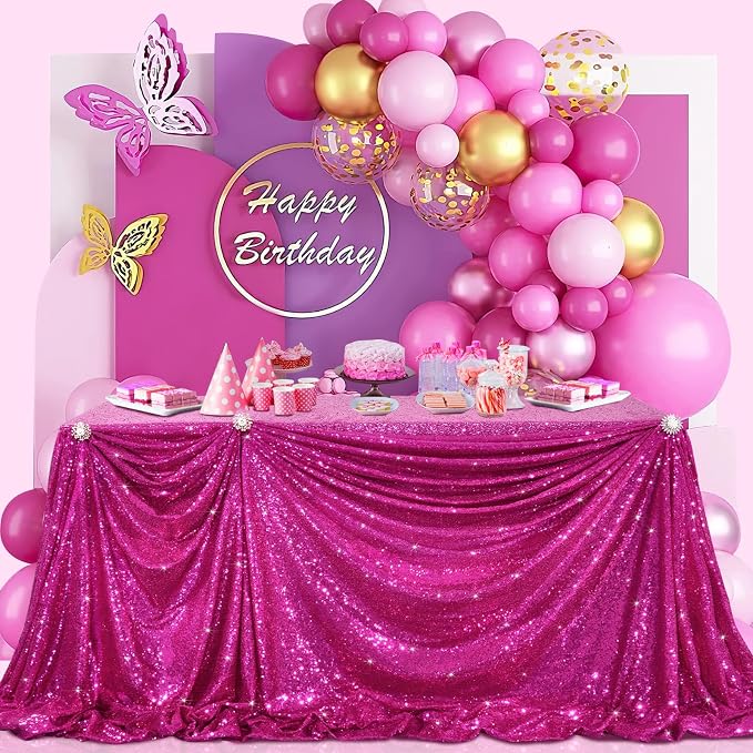 B-COOL Rectangle Fuchsia Sequin Tablecloth Glitter Tablecloth Wedding Party Sequence Table Cloth for Christmas 60x102-Inch