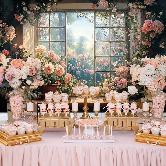 Baocicco 8x6.5ft Window Floral Backdrop Photography Flowers Wedding Bridal Shower Photography Background Retro Oil Painting Flower Banner for Girls Women Birthday Newborn Party Decorations Props