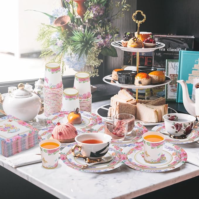 Pickmesh 250 Pcs Tea Party Disposable Tableware Set Paper Plates and Napkins Cups Supplies Tea Party Theme Dinner Dinnerware for Birthday Bridal Baby Shower wedding Decoration Serves 50