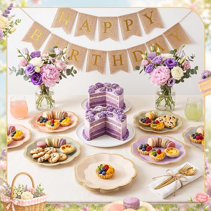 72 Pcs Sage Green Purple Pink Paper Plates 9 Inch Fairy Scalloped Paper Disposable Dinner Dessert Plates for Flower Floral Butterfly Birthday Wedding Bridal Party Supplies, 6 Colors
