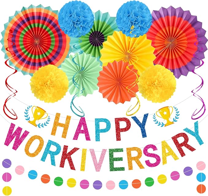 Roetyce Work Anniversary Party Decorations Women Men, Colorful Happy Workiversary Banner Paper Fans, Happy Work Anniversary Photo Backdrop Background for Employee Coworker Office Party Supplies