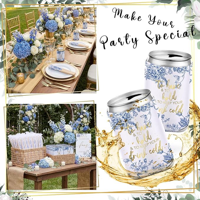 Hoteam 25 Sets Blue Floral Wedding Party Favors for Guests Bulk Including Can Cooler and Paper Folding Fans with Wedding Decor Table Sign Cheers to Love for Bridal Shower Party Souvenir