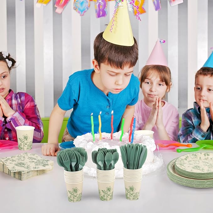 Kochorie 400 Pieces Sage Green Disposable Tableware Sets, Green and White Flower Party Supplies Set with Plates Cups Napkins Cutlery Serves 50 for Wedding Birthday Bridal Shower Party Decorations
